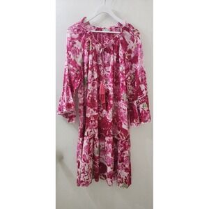 Debbie Katz South Beach Pink Floral Tie Dye Cotton Tunic Dress XL Boho Tassel